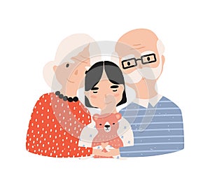 Portrait of grandfather, grandmother and granddaughter. Grandma and grandpa embracing their grandchild. Adorable cartoon