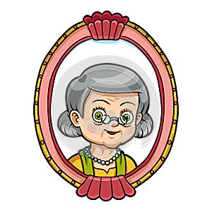 Portrait of a grandmother in a frame, cartoon old woman character