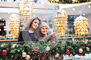 A portrait of grandmother and teenage granddaughter in shopping center at Christmas.