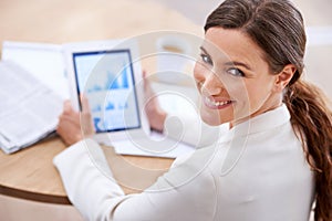 Portrait, graphs and tablet of businesswoman, smile and technology with data. Statistics, charts and planning or money