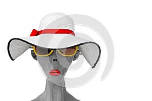 Portrait of a Gray Alien in Yellow Summer Sunglasses and Pretty Beautiful White Summer Sun Hat with Red Ribbon and Bow. 3d