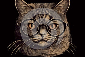 Portrait of gray British shorthair cat in glasses on black background. Generative AI