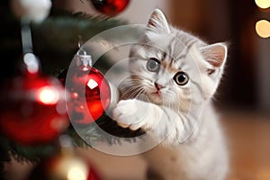 AI generated. Portrait of gray cute kitty cat sitting on the floor and playing with Christmas tree toy balls