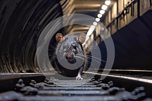 Portrait of a gray rat in a dark tunnel.