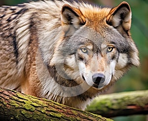Portrait of a gray wolf angry in the forest