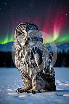 Portrait of a Great Grey Owl Amidst Northern Lights and Aurora Borealis