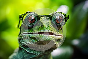 portrait green animal reptile glasses lizard iguana scale wildlife close-up. Generative AI.