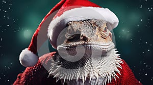 Portrait of a green lizard wearing a red Christmas hat, on a green background, 2024 year of the dragon symbol