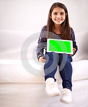 Portrait, green screen or child with tablet for mockup, playing games or streaming videos on movie website. Space, house