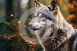 Portrait of grey wolf in forest