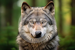 Portrait of grey wolf in forest