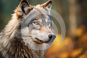 Portrait of grey wolf in forest