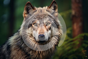 Portrait of grey wolf in forest