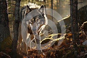 Portrait of Grey Wolf hiding or lurking in the forest hunting for preys, animals wildlife concept, Animal in the jungle, dangerous