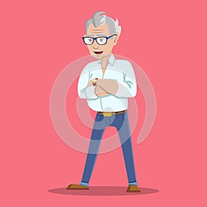 Portrait of grinning trendy elegant hipster grandpa Wealthy flirt trendsetter hipster grandpa dressed in shirt and jeans