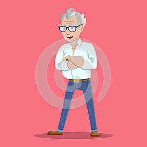 Portrait of grinning trendy elegant hipster grandpa Wealthy flirt trendsetter hipster grandpa dressed in shirt and jeans photo