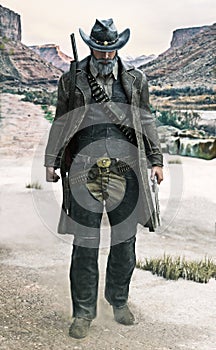 Portrait of a grizzled gun slinging cowboy walking toward the camera with weapon drawn .