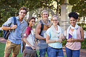 Portrait, group and college friends at park for studying, happy education and learning together. Diversity, gen z and