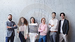 Portrait of group of entrepreneurs standing against concrete wall indoors in office, looking at camera.
