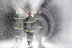 Portrait of a group of firefighters standing and walking brave and optimistic with a female as team leader.