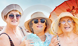 Portrait of group of friends old age senior women smiling at the camera during summer holiday vacation outdoor leisure activity.