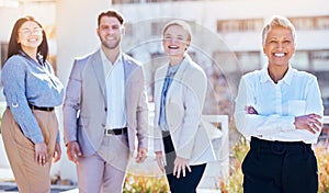 Portrait, group of happy business people at team building outside modern office and employees at creative start up