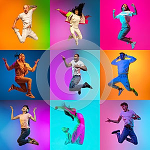 Portrait of group of people on multicolored background in neon light, collage.