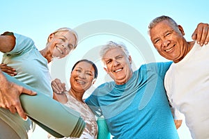Portrait of a group of senior friends looking down at the camera while standing together. Smiling active senior people