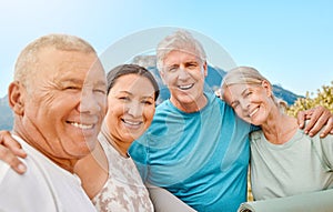 Portrait of a group of senior friends standing together. Smiling active senior people standing together after or before