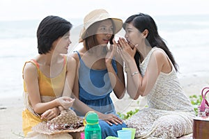 Portrait group of young beautiful woman friend gossip whispering