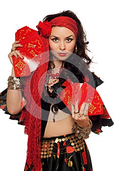 Portrait of gypsy woman with cards. Isolated