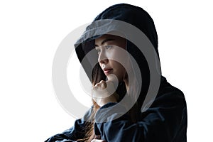 Portrait hacker woman thinking for stealing data