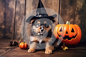 Portrait of a Halloween Pretty dog puppy dressed up with witch hat. Ai generative