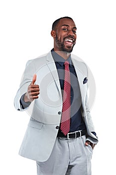 Portrait, handshake and welcome with a business black man in studio isolated on a white background for marketing