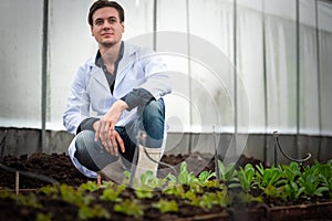 Portrait of handsome agricultural researcher working on research at plantation in industrial greenhouse