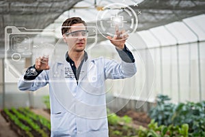 Portrait of handsome agricultural researcher working on research at plantation in industrial greenhouse