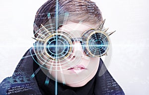 Portrait of a handsome boy. Abstract eye with digital circle. Futuristic vision science and identification concept
