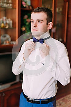 Portrait of handsome businessman in blue suit putting on bow-tie indoors