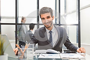 Portrait of handsome businessman sitting in office with collegues on the background.
