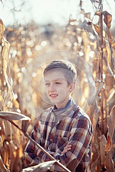 Portrait of handsome child boy among leaves corn in warm autumn day. Smile kid walking in fall park