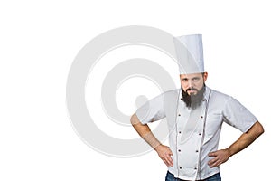 Portrait of handsome evil male chef in uniform hands on waist isolated on white background, copy space on side.