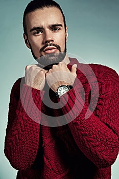 Portrait of handsome fashion stylish hipster lumbersexual model dressed in warm red sweater posing in studio