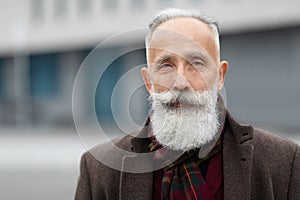 Portrait of handsome grey-haired senior man posing outdoors