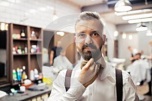 A portrait of handsome hipster man client standing in barber shop.