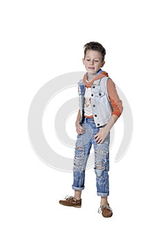 Portrait of handsome little boy posing against white background