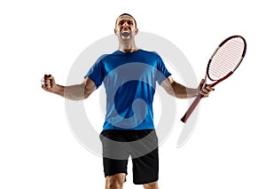 Portrait of a handsome male tennis player celebrating his success isolated on a white background