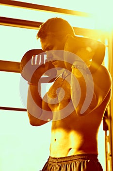 Portrait of a handsome man doing push ups exercise with modern weight equipment in rays of sunlight in fitness gym.