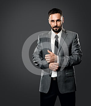 Portrait of Handsome Man in Gray Suit with Black Tie, Elegant Stylish Bearded Businessman over Dark Gray Background. Fashion