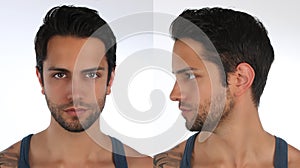 Portrait of a handsome man, profile and face. Creation of a virtual 3D character or an avatar.