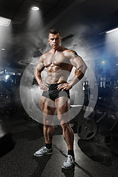 Portrait of a handsome muscular bodybuilder posing in gym